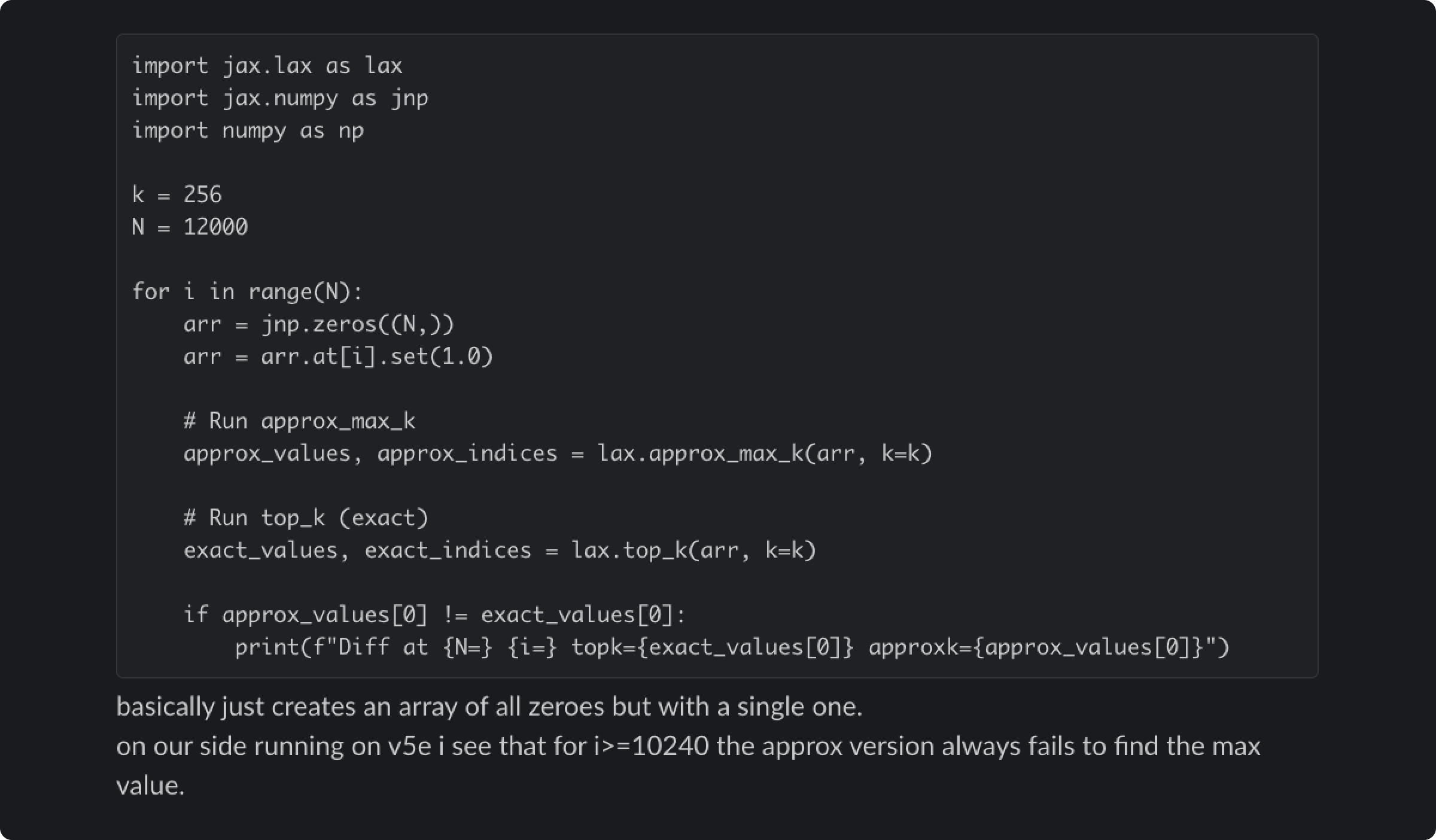 Slack 消息：与 XLA:TPU 工程师分享的复现代码