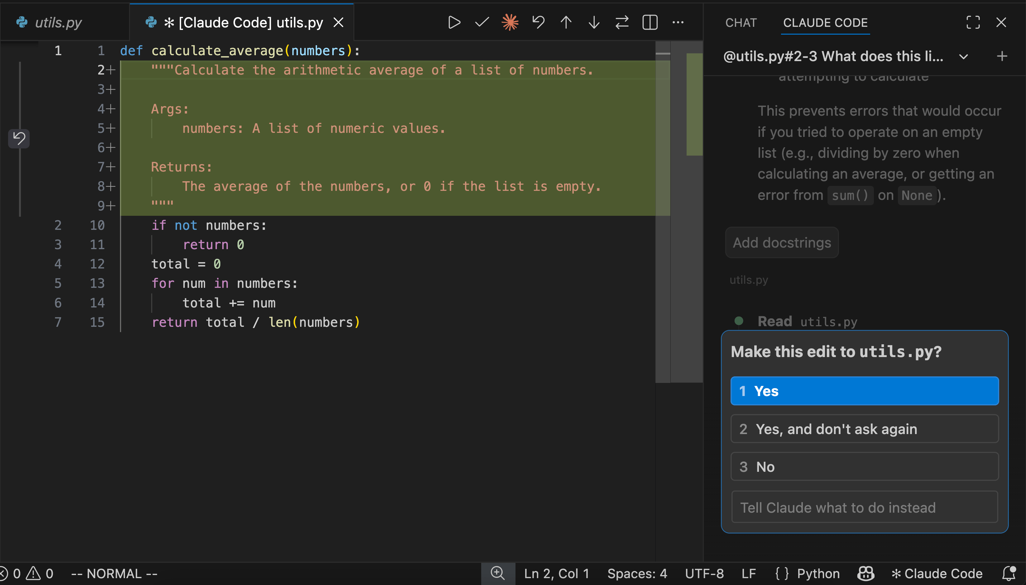VS Code 中 Claude 提议的修改 diff 视图及权限确认提示