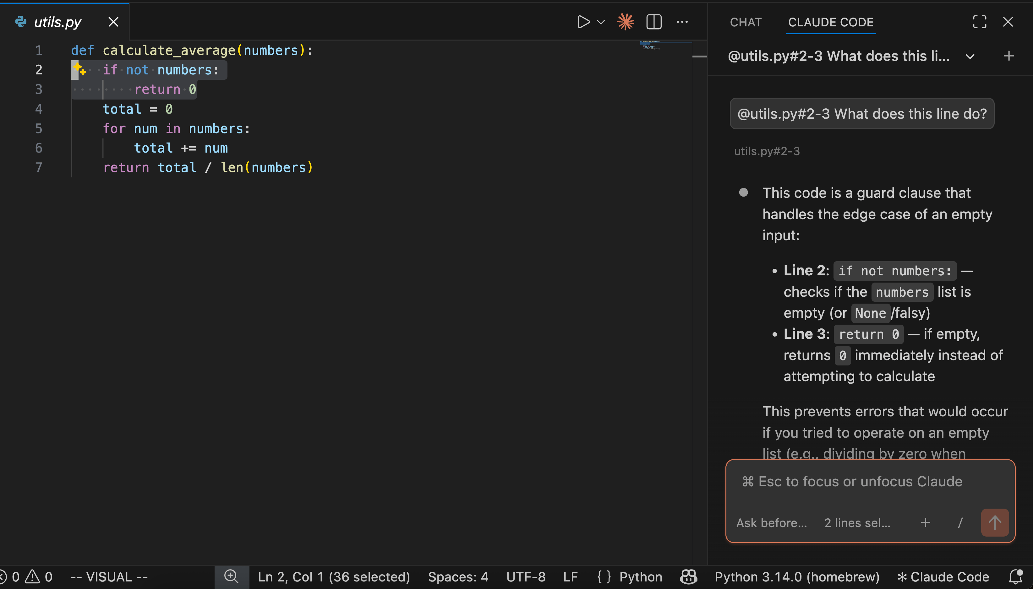 VS Code 编辑器中选中 Python 文件第 2-3 行,Claude Code 面板显示带 @-mention 引用的提问